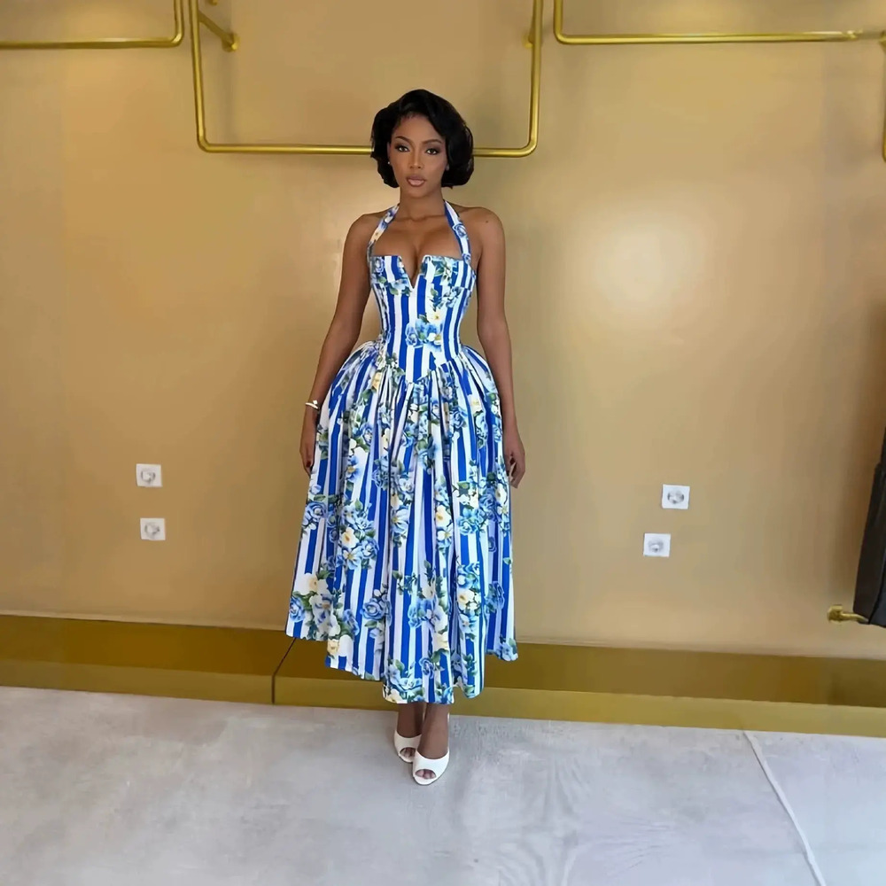 ZARA Sleeveless Halter Print Fitted Pleated Dress